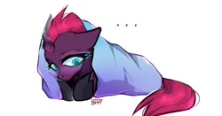 Size: 1200x628 | Tagged: safe, artist:enjaadjital, derpibooru import, tempest shadow, pony, unicorn, g4, my little pony: the movie, ..., armor, blanket, blanket burrito, blush lines, blushing, broken horn, cute, ears, female, floppy ears, horn, lying down, mare, signature, simple background, solo, white background, wrapped up