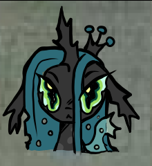 Size: 220x240 | Tagged: safe, artist:larvaecandy, derpibooru import, part of a set, queen chrysalis, changeling, changeling queen, g4, :<, abstract background, big eyes, blue sclera, changeling horn, changeling wings, colored sclera, crown, ears, eye clipping through hair, floppy ears, frown, green eyes, horn, insect wings, jewelry, large horn, long ears, narrowed eyes, one wing out, regalia, solo, tiara, wings, zoomed in