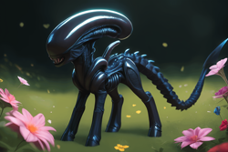 Size: 1920x1280 | Tagged: safe, ai content, derpibooru import, generator:pony diffusion v6 xl, generator:stable diffusion, machine learning generated, oc, oc only, alien, pony, alien (franchise), blurry background, flower, full body, grass, grass field, ponified, prompter:sourceaddiction, solo, species swap, standing, xenomorph, xenomorph pony