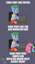 Size: 1000x1788 | Tagged: safe, artist:phallen1, derpibooru import, oc, oc only, oc:software patch, oc:windcatcher, earth pony, atg 2024, can, chip bag, comic, computer, drink, duo, earth pony oc, jonathan coulton, laptop computer, necktie, newbie artist training grounds, simple background, soda, soda can, song reference