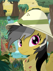 Size: 1521x2048 | Tagged: safe, artist:minecake, derpibooru import, daring do, pony, equestria at war mod, g4, bandana, bust, dried blood, forest, hat, jungle, nature, pith helmet, portrait, solo, spread wings, tree, wings