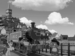 Size: 857x643 | Tagged: safe, derpibooru import, editor:lbscr e2 100, twilight sparkle, twilight sparkle (alicorn), alicorn, pony, g4, 0-6-0, black and white, brighton, grayscale, lbscr e2, little einsteins, locomotive, monochrome, quincy (little einsteins), steam locomotive, tank engine, train