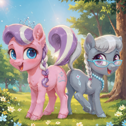 Size: 2048x2048 | Tagged: safe, ai content, derpibooru import, generator:pony diffusion v6 xl, generator:stable diffusion, machine learning generated, diamond tiara, silver spoon, earth pony, pony, g4, bump bump sugar lump rump, butt to butt, butt touch, dock, duo, female, filly, foal, prompter:venisoncreampie, tail