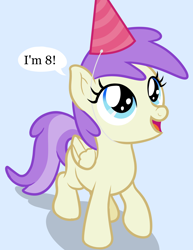 Size: 1350x1750 | Tagged: safe, artist:nitei, derpibooru import, alula, pluto, pegasus, pony, g4, atg 2024, birthday, dialogue, female, filly, foal, hat, looking up, math joke, newbie artist training grounds, open mouth, party hat, solo, talking