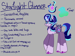 Size: 2048x1542 | Tagged: safe, artist:femurthechangeling, derpibooru import, starlight glimmer, pony, unicorn, alternate cutie mark, alternate hairstyle, alternate universe, asexual, autism, autism spectrum disorder, cloven hooves, coat markings, colored hooves, crooked horn, cutie mark, female, genderfluid, gray background, hooves, horn, implied changeling, implied lesbian, implied shipping, implied twilight sparkle, implied twistarlight, looking at you, magic, mare, neurodivergent, pink hooves, pronouns, raised hoof, raised leg, reference sheet, savant syndrome, signature, simple background, socks (coat marking), solo, unshorn fetlocks, wall of tags, weird horn