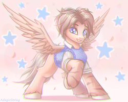 Size: 2500x2000 | Tagged: safe, artist:adagiostring, derpibooru import, oc, oc only, pegasus, pony, clothes, cute, jacket, looking at you, male, pegasus oc, raised hoof, raised leg, short hair, smiling, smiling at you, solo, spread wings, stallion, stallion oc, standing, stars, wings