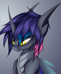 Size: 2500x3000 | Tagged: safe, artist:kirov, derpibooru import, oc, oc only, oc:kaylan, changeling, dracony, dragon, hybrid, bust, changeling oc, fangs, gradient background, grin, high res, hybrid oc, portrait, smiling, solo