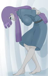 Size: 1691x2676 | Tagged: safe, artist:batipin, derpibooru import, maud pie, equestria girls, g4, arm behind back, barefoot, breasts, feet, female, looking at you, maud pies, slouching, solo