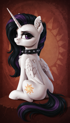 Size: 1536x2688 | Tagged: safe, ai content, derpibooru import, machine learning generated, princess celestia, alicorn, pony, g4, abstract background, butt, chest fluff, collar, ear fluff, ear piercing, ears, eyeshadow, female, full body, generator:pony realism 2.1, goth, looking at you, looking back, looking back at you, makeup, mare, piercing, prompter:siber, punklestia, rear view, sitting, solo, spiked collar, unamused