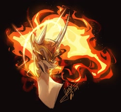 Size: 2048x1903 | Tagged: safe, artist:iheyyasyfox, derpibooru import, daybreaker, alicorn, pony, g4, bust, curved horn, fangs, female, helmet, horn, lightly watermarked, long horn, mane of fire, mare, open mouth, sharp teeth, signature, solo, sternocleidomastoid, teeth, watermark