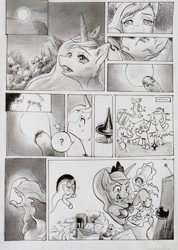 Size: 1080x1515 | Tagged: safe, artist:ph平和, derpibooru import, princess celestia, princess luna, g4, comedy, comic, crying, drink, energy drink, grayscale, inception, lullaby for a princess, monochrome, monster energy, spinning, traditional art