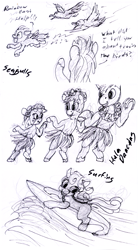 Size: 667x1200 | Tagged: safe, artist:sepiakeys, derpibooru import, apple bloom, applejack, big macintosh, rainbow dash, scootaloo, sweetie belle, bird, earth pony, pegasus, pony, seagull, unicorn, g4, flying, horn, monochrome, scootaloo can fly, surfboard, surfing