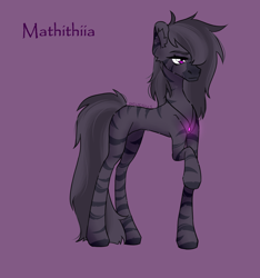 Size: 2480x2654 | Tagged: safe, artist:delicious, derpibooru import, oc, oc only, oc:mathithiia, zebra, concave belly, jewelry, lanky, long legs, necklace, purple background, purple eyes, simple background, skinny, solo, tall, thin