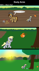 Size: 1920x3516 | Tagged: safe, artist:platinumdrop, derpibooru import, derpy hooves, oc, oc:dusty hooves, butterfly, comic:dusty acres, commission, sun, sunrise