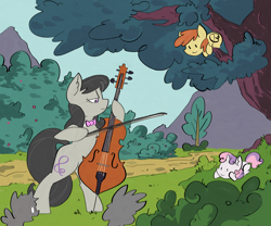 Size: 2070x1721 | Tagged: safe, artist:ponny, derpibooru import, octavia melody, sweetie belle, earth pony, pegasus, pony, unicorn, g4, bow (instrument), bush, cello, cello bow, colored, foal, horn, in a tree, mountain, musical instrument, park, playing, tree, trio