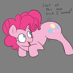 Size: 1155x1155 | Tagged: safe, artist:this_sl0th, derpibooru import, pinkie pie, earth pony, pony, g4, balloonbutt, butt, butt shake, gray background, looking back, open mouth, open smile, simple background, smiling, solo, twerking