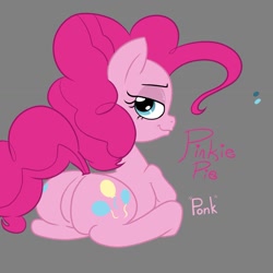 Size: 1155x1155 | Tagged: safe, artist:this_sl0th, derpibooru import, pinkie pie, earth pony, pony, g4, balloonbutt, bedroom eyes, butt, featureless crotch, gray background, human shoulders, looking at you, looking back, looking back at you, lying down, plot, ponk, prone, simple background, solo