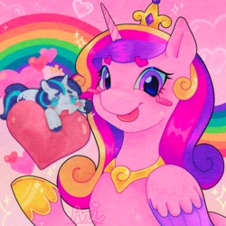 Size: 1440x1440 | Tagged: safe, artist:ariariari.png, derpibooru import, princess cadance, shining armor, alicorn, pony, unicorn, g4, :p, blush sticker, blushing, colored wings, duo, emanata, female, floating heart, heart, heart eyebrows, horn, jewelry, male, mare, regalia, shiningcadance, shipping, stallion, straight, tongue, tongue out, two toned wings, wings