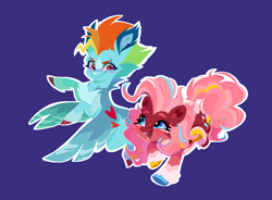 Size: 1471x1080 | Tagged: safe, artist:rr29578979, derpibooru import, pinkie pie, rainbow dash, earth pony, pegasus, pony, g4, alternate design, alternate hairstyle, blaze (coat marking), blush lines, blush scribble, blushing, chest fluff, coat markings, colored eyebrows, colored hooves, colorful, duo, duo female, ear fluff, ear markings, ear piercing, ears, eyebrow piercing, eyebrow slit, eyebrows, facial markings, feathered fetlocks, female, fetlock tuft, flapping wings, floating heart, flying, happy, heart, heart ears, heart eyes, hooves, looking at each other, looking at someone, mare, multicolored hair, multicolored mane, multicolored tail, open mouth, open smile, outline, pale belly, piercing, rainbow hair, rainbow tail, raised hoof, raised hooves, raised leg, running, simple background, smiling, smiling at each other, smirk, socks (coat marking), spread wings, tail, violet background, white outline, wingding eyes, wings, wings down