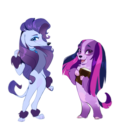 Size: 1439x1495 | Tagged: safe, artist:rr29578979, derpibooru import, rarity, twilight sparkle, dog, g4, bipedal, book, coat markings, collar, colored muzzle, cute, dogified, duo, duo female, eyeshadow, facial markings, female, gradient legs, makeup, open mouth, open smile, pale belly, paws, raridog, ruff, simple background, smiling, species swap, standing, star (coat marking), twilight barkle, white background