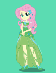 Size: 2350x3058 | Tagged: safe, artist:nightglowfan, derpibooru import, fluttershy, human, equestria girls, g4, clothes, dress, female, gala dress, green background, simple background, solo