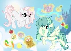 Size: 1280x922 | Tagged: safe, artist:vi45, derpibooru import, oc, oc only, oc:pink cherry, pegasus, unicorn, apple, carrot, female, food, horn, magic, mare, teapot