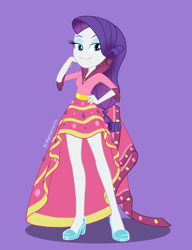 Size: 2350x3058 | Tagged: safe, artist:nightglowfan, derpibooru import, rarity, human, equestria girls, g4, clothes, dress, female, gala dress, hand on hip, purple background, simple background, solo