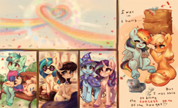 Size: 3958x2409 | Tagged: safe, artist:polnocnykot, derpibooru exclusive, derpibooru import, applejack, bon bon, dj pon-3, lyra heartstrings, octavia melody, rainbow dash, starlight glimmer, sweetie drops, trixie, vinyl scratch, earth pony, pegasus, pony, unicorn, g4, 20% cooler, :3, ^^, adorable face, adorabon, applebetes, appledash, applejack's hat, bench, bipedal, blushing, book, bouquet, bush, cheek fluff, chest fluff, clothes, comic, cowboy hat, cute, dashabetes, detailed, dialogue, ear fluff, ears, eyebrows, eyebrows visible through hair, eyelashes, eyes closed, female, first aid kit, floating, floating heart, flower, flower in hair, gift giving, glasses, grass, great and powerful, group, hat, hay, haystack, heart, horn, illustration, impressed, leaves, lesbian, lidded eyes, looking back, looking up, love, lying down, lyrabetes, lyrabon, mare, medicine, meme, musical instrument, octavia's bowtie, on back, open mouth, open smile, patch, petals, piano, present, pride, pride month, pride ponies, rainbow, raised eyebrow, raised hoof, raised leg, reading, rose, shipping, shy, sitting, sitting lyra, sky, smiling, sonic rainboom, spread wings, standing, startrix, sunglasses, teeth, text, unshorn fetlocks, vinyl's glasses, wholesome, window, wings
