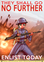 Size: 4968x7020 | Tagged: safe, artist:crazy water, artist:misstwipietwins, derpibooru import, oc, oc only, anthro, equestria at war mod, blood, canterlot, caption, clothes, explosion, female, gun, helmet, image macro, mare, poster, propaganda, random pony, rifle, solo, text, uniform, war, weapon