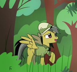 Size: 1955x1836 | Tagged: safe, artist:frownfactory, derpibooru import, daring do, pegasus, pony, g4, clothes, female, forest, hat, jungle, nature, open mouth, open smile, raised hoof, raised leg, shirt, shirt with a collar, smiling, solo, spread wings, tree, wings