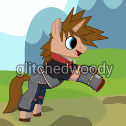 Size: 2560x2560 | Tagged: safe, artist:glitchedwoody, derpibooru import, pony, unicorn, g4, digital art, horn, kingdom hearts, obtrusive watermark, ponified, ponyville, solo, sora, species swap, watermark