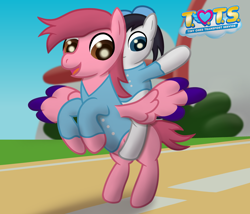 Size: 3100x2657 | Tagged: safe, artist:sweetielover, derpibooru import, oc, oc only, earth pony, pegasus, pony, g4, atg 2024, bipedal, clothes, countryside, duo, hat, high res, logo, newbie artist training grounds, ponies riding ponies, ponified, riding, riding a pony, sky, species swap, spread wings, standing, t.o.t.s., uniform, wings