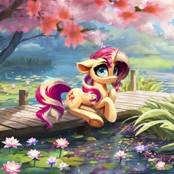 Size: 3300x3300 | Tagged: safe, artist:allegrenix, derpibooru import, sunset shimmer, pony, unicorn, g4, female, flower, horn, lake, lilypad, looking at you, mare, pier, pond, smiling, smiling at you, solo, tree, water