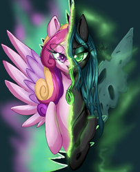 Size: 3000x3700 | Tagged: safe, artist:floralshitpost, derpibooru import, princess cadance, queen chrysalis, alicorn, changeling, changeling queen, g4, disguise, disguised changeling, eyelashes, fake cadance, lidded eyes, long tongue, magic, simple background, spread wings, tongue, tongue out, transparent background, wings