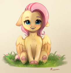 Size: 3248x3320 | Tagged: safe, artist:miokomata, derpibooru import, fluttershy, pegasus, pony, g4, chest fluff, colored eyebrows, colored hooves, cute, ears, female, floppy ears, freckles, freckleshy, frog (hoof), front view, gradient background, grass, high res, hooves, looking at you, mare, open mouth, open smile, partially open wings, shyabetes, signature, sitting, smiling, smiling at you, solo, underhoof, weapons-grade cute, wings