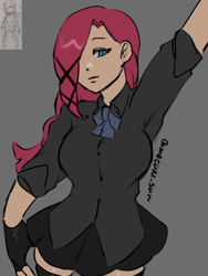 Size: 3072x4096 | Tagged: safe, artist:metaruscarlet, derpibooru import, pinkie pie, human, g4, alternate hairstyle, black shirt, black socks, braid, breasts, clothes, gloves, gray background, humanized, one eye covered, pinkamena diane pie, redraw, reference, school uniform, shirt, simple background, skirt, socks, solo