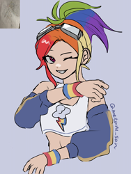 Size: 3072x4096 | Tagged: safe, artist:metaruscarlet, derpibooru import, rainbow dash, human, g4, belly, blue background, bracelet, clothes, cutie mark on clothes, humanized, jewelry, looking at you, multicolored hair, one eye closed, rainbow hair, redraw, reference, simple background, smiling, smiling at you, solo, tied up, wink, winking at you