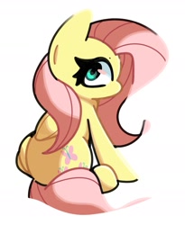 Size: 1369x1670 | Tagged: safe, artist:kindakismet, derpibooru import, fluttershy, pegasus, pony, g4, looking back, simple background, sitting, solo, white background