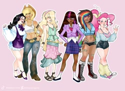 Size: 1106x811 | Tagged: safe, artist:iridescentglow, derpibooru import, applejack, fluttershy, pinkie pie, rainbow dash, rarity, twilight sparkle, human, g4, :p, abs, alternate hairstyle, applejack's hat, bandaid, belly button, belt, blushing, boots, bracelet, breasts, cardigan, choker, clothes, converse, cowboy boots, cowboy hat, dark skin, dirt, dirty, dress, ear piercing, earring, feet, female, fingerless gloves, flats, freckles, glasses, gloves, grin, hairband, hat, high heels, hoodie, hug, humanized, jewelry, leg warmers, lesbian, lip piercing, lipstick, looking at each other, looking at someone, makeup, mane six, midriff, mud, muscles, nail polish, natural hair color, piercing, pink background, rarijack, sandals, shipping, shirt, shoes, shorts, simple background, size difference, smiling, snake bites, socks, tattoo, tongue, tongue out, wall of tags