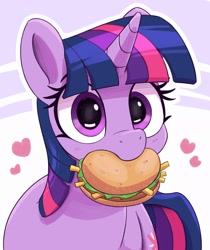 Size: 2230x2653 | Tagged: safe, artist:pabbley, derpibooru import, twilight sparkle, unicorn twilight, pony, unicorn, g4, burger, cute, female, food, hay burger, heart, horn, looking at you, mare, mouth hold, nom, solo, that pony sure does love burgers, twiabetes, twilight burgkle