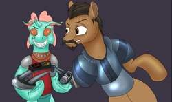 Size: 2427x1432 | Tagged: safe, artist:termyotter, derpibooru import, changedling, changeling, pony, amputee, armor, atg 2024, ballister boldheart, changedlingified, grin, gritted teeth, newbie artist training grounds, nimona, ponified, prosthetic limb, prosthetics, smiling, species swap, teeth