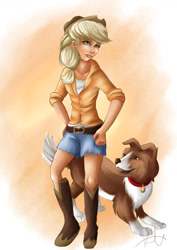 Size: 1024x1449 | Tagged: safe, artist:hyzenthlay89, derpibooru import, applejack, winona, dog, human, g4, 2017, applejack's hat, boots, clothes, cowboy boots, cowboy hat, female, hat, humanized, shoes