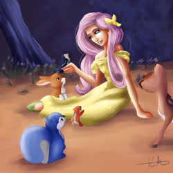 Size: 1024x1024 | Tagged: safe, artist:hyzenthlay89, derpibooru import, fluttershy, bird, chipmunk, deer, human, rabbit, squirrel, g4, 2017, animal, bare shoulders, disney, female, humanized, snow white and the seven dwarfs