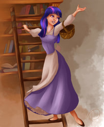 Size: 1024x1255 | Tagged: safe, artist:hyzenthlay89, derpibooru import, twilight sparkle, human, g4, 2018, adorkable, apron, basket, beauty and the beast, belle, clothes, disney, dork, dress, female, feminism, georgian, humanized, ladder, shirt, solo