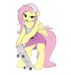 Size: 944x1008 | Tagged: safe, anonymous artist, artist:misty breeze, color edit, derpibooru import, edit, fluttershy, pegasus, semi-anthro, g4, 90s grunge fluttershy, alternate clothes, alternate hairstyle, arm hooves, backwards ballcap, baseball cap, bipedal, cap, clothes, colored, ears, female, floppy ears, gameloft, hat, lidded eyes, looking at you, mare, my little pony: magic princess, open mouth, open smile, simple background, skateboard, skirt, smiling, smiling at you, solo, tanktop, white background