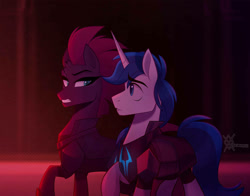 Size: 1010x791 | Tagged: safe, artist:thewandie, tempest shadow, oc, oc:aegis, oc:feathertrap, pony, unicorn, alternate timeline, armor, bodysuit, commission, duo, facial scar, female, gritted teeth, looking at each other, male, mare, scar, slave, stallion, storm king's emblem, storm kingdom, ych result