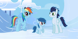 Size: 749x372 | Tagged: safe, artist:pixlepuppy, rainbow dash, soarin', oc, pegasus, pony, female, filly, foal, male, mare, parent:rainbow dash, parent:soarin', parents:soarindash, shipping, soarindash, stallion, straight