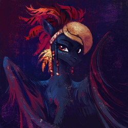 Size: 1432x1432 | Tagged: safe, artist:weird--fish, derpibooru import, oc, oc only, pegasus, pony, beaked headdress, bust, feather, female, headdress, healer's mask, limited palette, looking at you, mare, mask, partially open wings, portrait, slender, solo, thin, tribal, wings