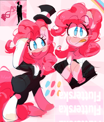 Size: 2550x3000 | Tagged: safe, artist:pakmur, derpibooru import, pinkie pie, earth pony, pony, g4, :p, abstract background, blushing, business suit, clothes, cute, cylinder, diapinkes, ear blush, female, hat, high res, looking at you, mare, music, pink hair, simple background, ska, smiling, smiling at you, solo, suit, tongue, tongue out, top hat