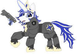 Size: 1800x1300 | Tagged: safe, artist:silverfishv9, derpibooru import, oc, oc only, oc:azure star (silverfishv9), pony, unicorn, armor, blue eyes, blue mane, clothes, crossover, crown, cutie mark on clothes, element of harmony, element of laughter, fallout, glowing, glowing horn, highlights, horn, jewelry, magic, power armor, regalia, shoes, simple background, solo, telekinesis, transparent background, unicorn oc, weapon